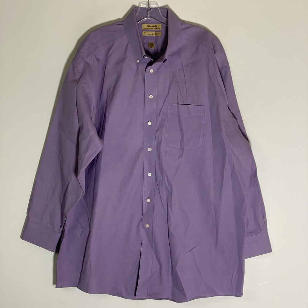 Roundtree & Yorke Shirt Mens 17.5 34 Purple Check Non Iron Button Down Dress